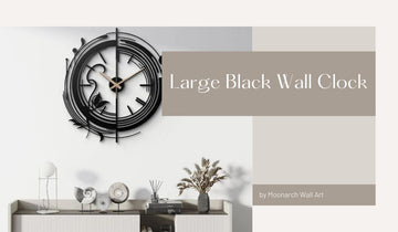 Large black wall clock is located over white wall