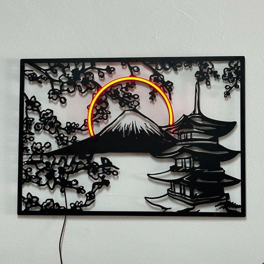 Japan Fujiyama Mountain Metal and Neon Wall Art