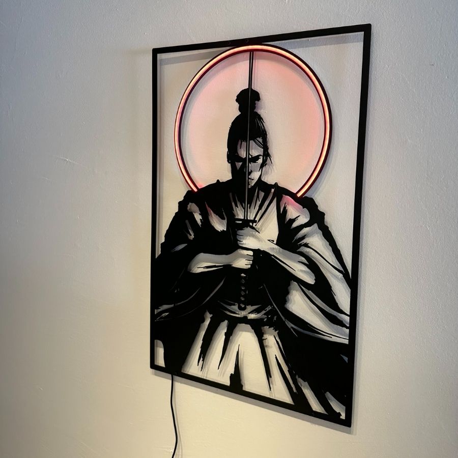 Japanese Samurai Metal and Neon Wall Art