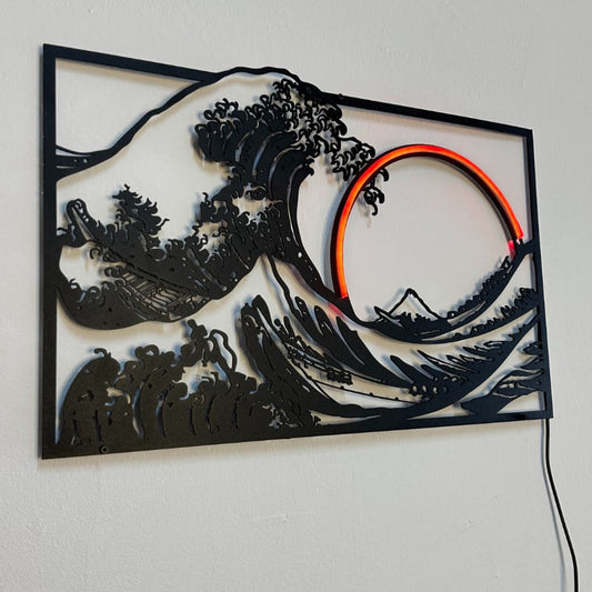 The Great Wave of Kanagawa Metal and Neon Wall Art