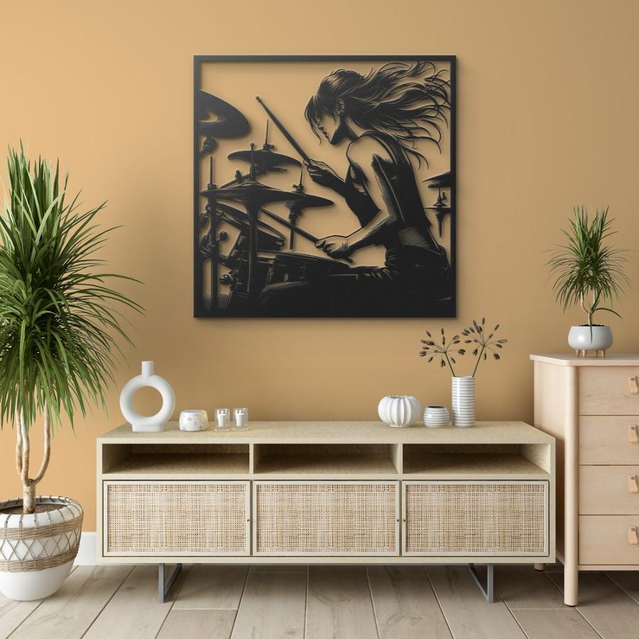 Female Drummer Metal Wall Art