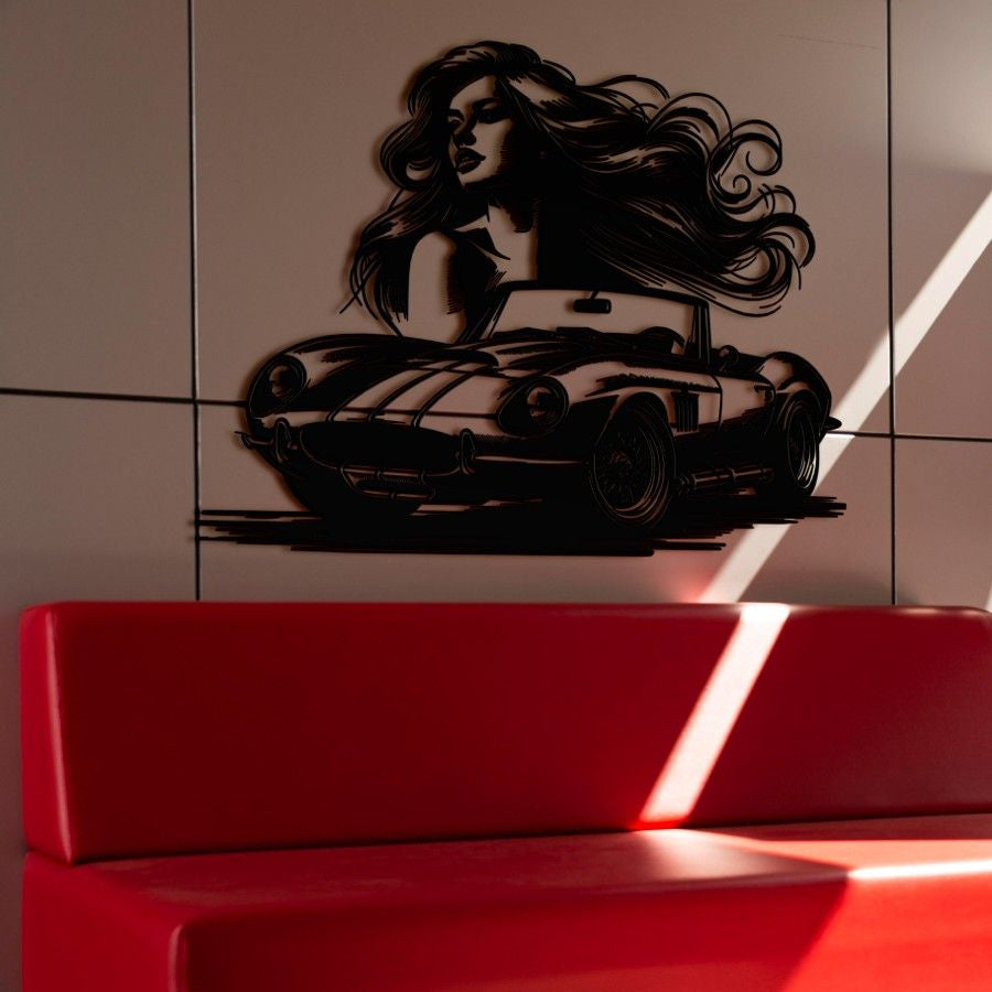 Woman & Retro Car Metal Wall Art Decor