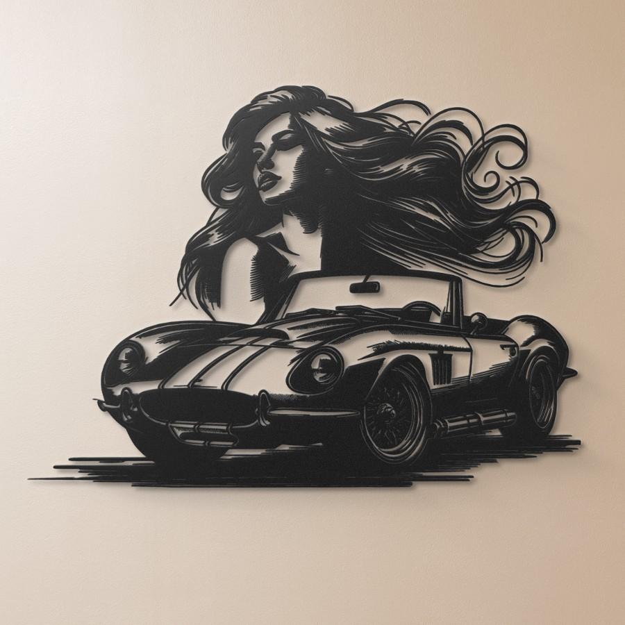 Woman & Retro Car Metal Wall Art Decor