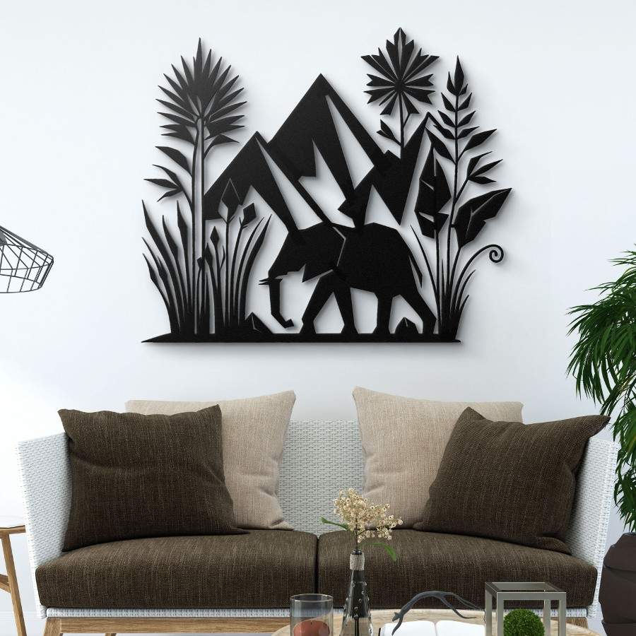 African Elephant and Mountain Metal Wall Art