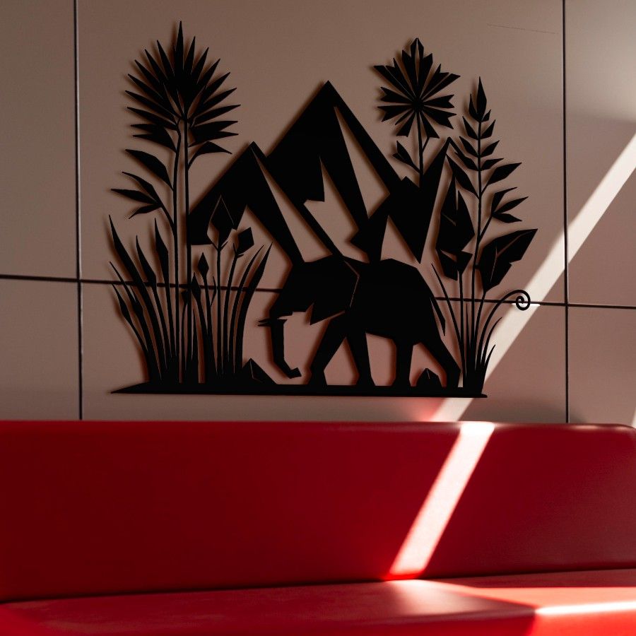 African Elephant and Mountain Metal Wall Art