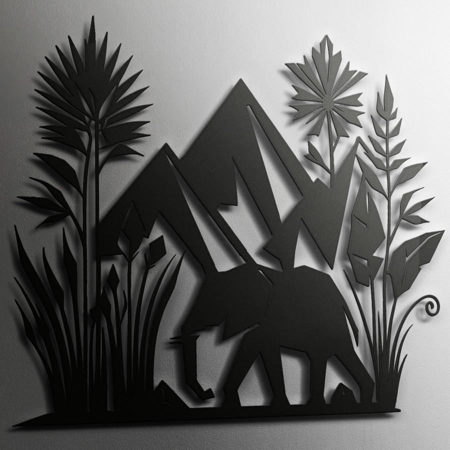 African Elephant and Mountain Metal Wall Art