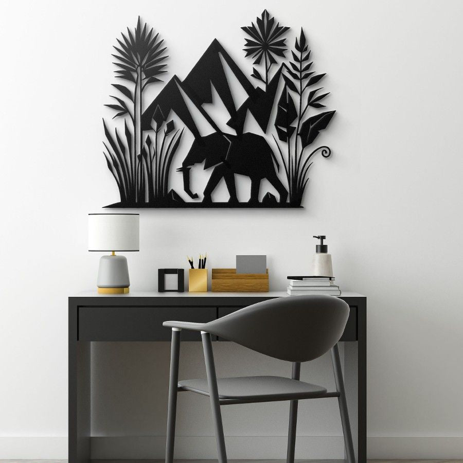 African Elephant and Mountain Metal Wall Art