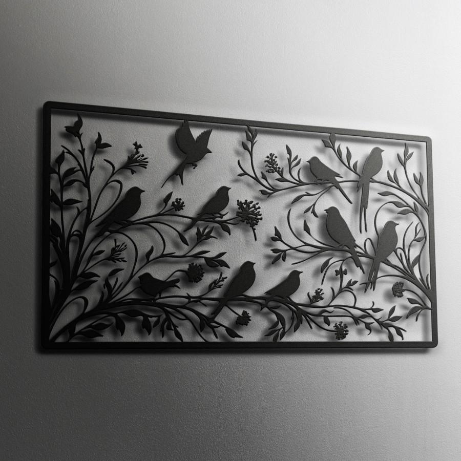 Birds Perched on Tree Branches Metal Wall Art
