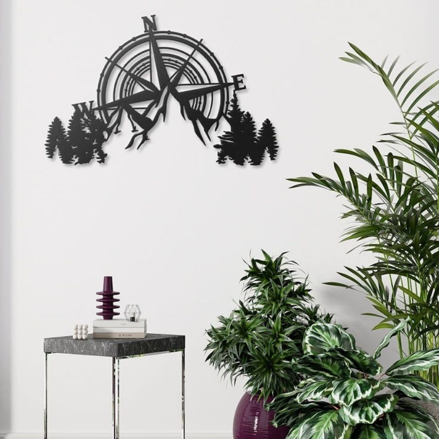 Compass and Mountains Metal Wall Art Decor