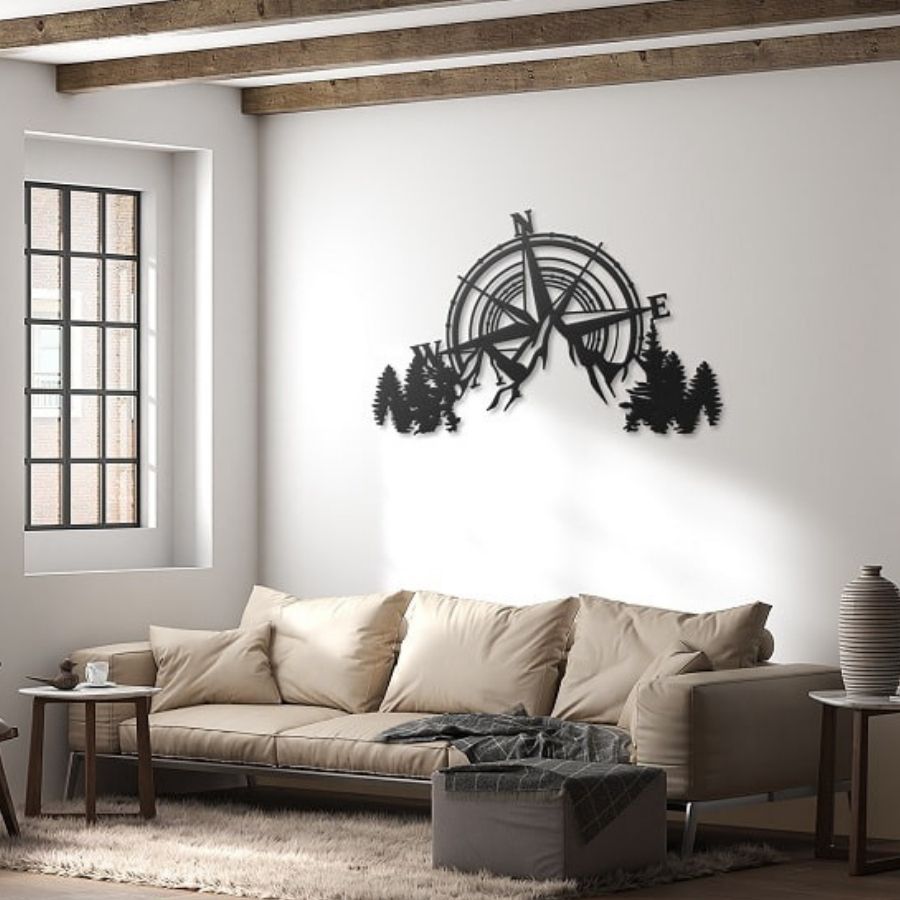 Compass and Mountains Metal Wall Art Decor