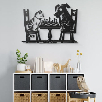 Cat vs Dog Chess Match Metal Wal Art