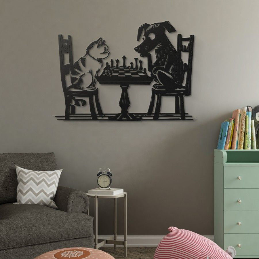 Cat vs Dog Chess Match Metal Wal Art