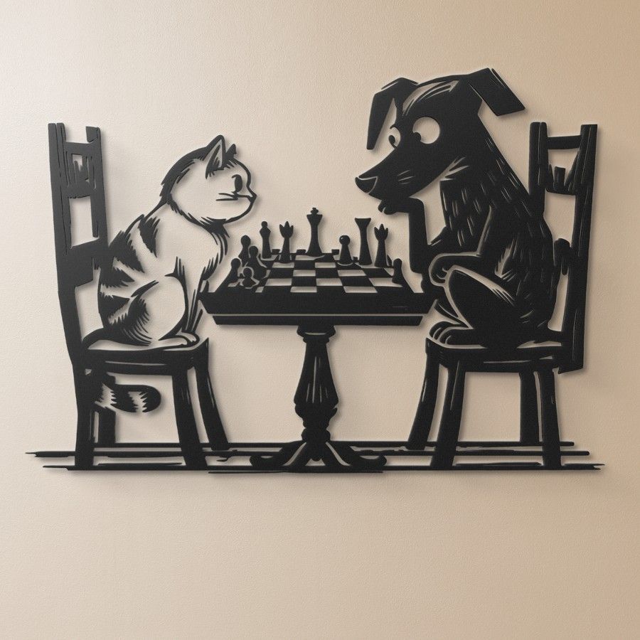 Cat vs Dog Chess Match Metal Wal Art