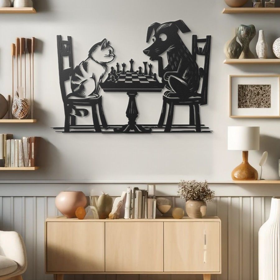 Cat vs Dog Chess Match Metal Wal Art