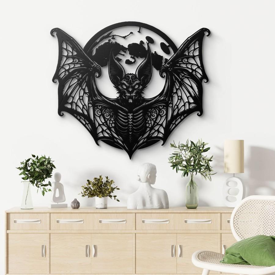 Majestic Full Moon Gothic Bat Metal Wall Art