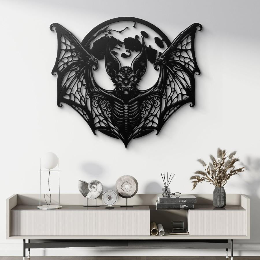 Majestic Full Moon Gothic Bat Metal Wall Art