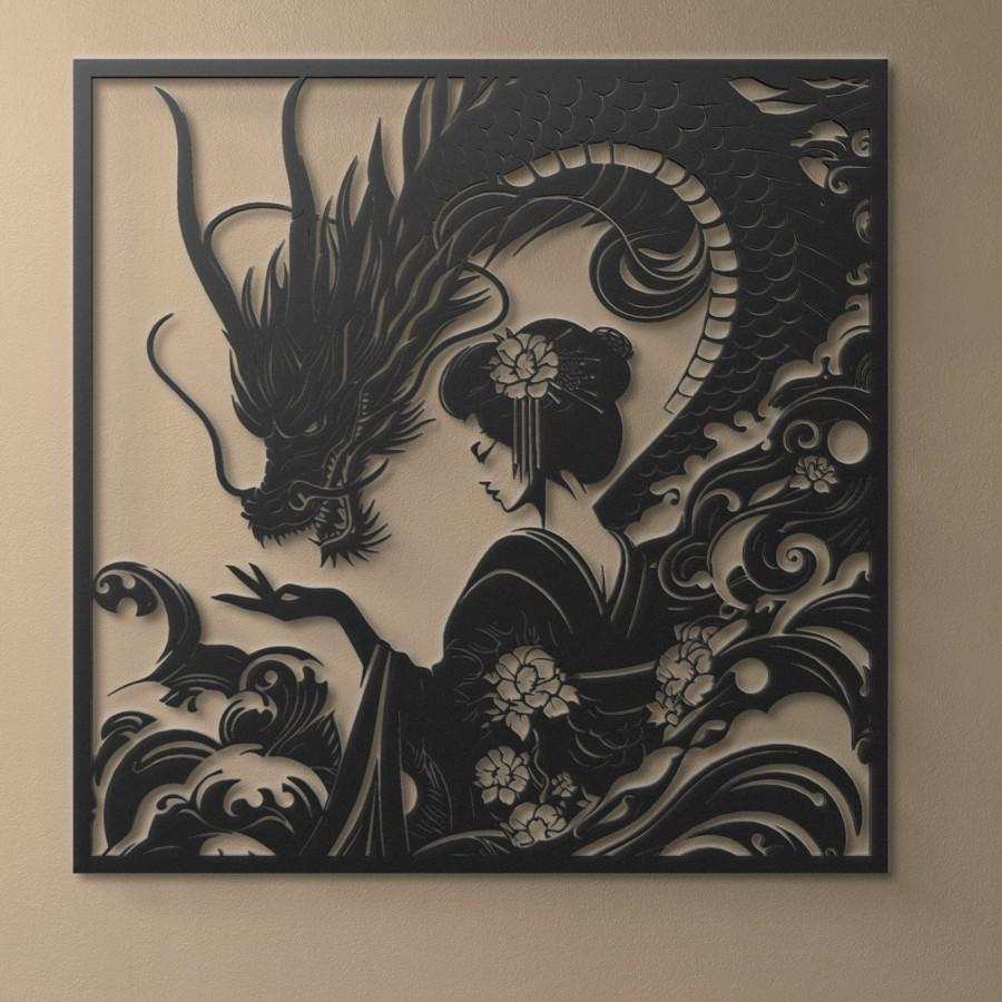 Geisha & Dragon Metal Wall Art