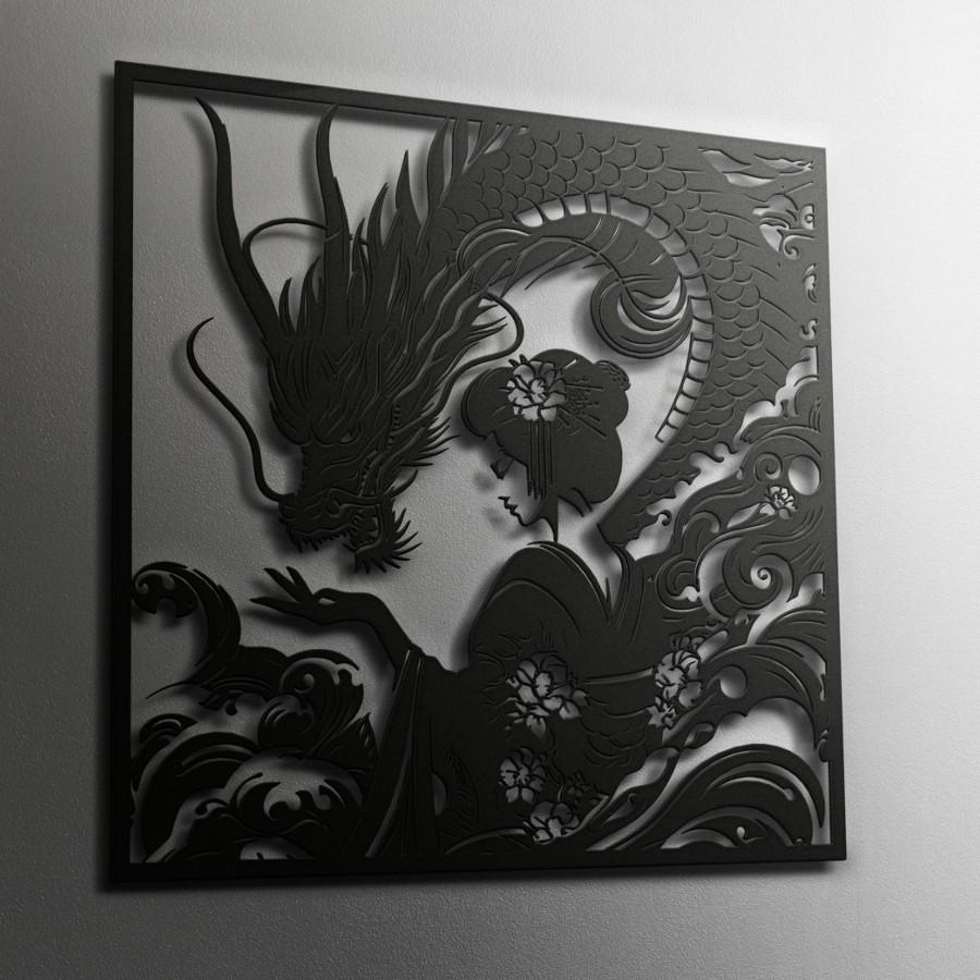 Geisha & Dragon Metal Wall Art