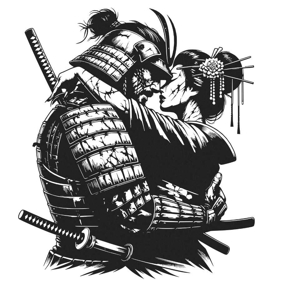 Japanese Samurai & Geisha Embrace Metal Wall Art