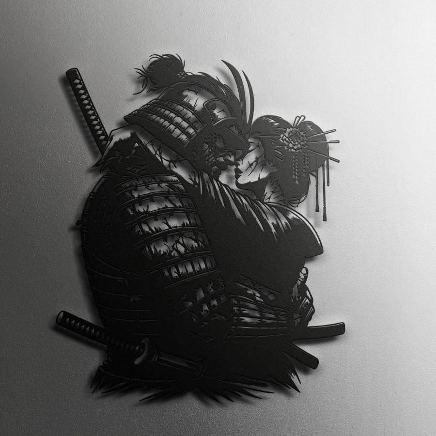 Japanese Samurai & Geisha Embrace Metal Wall Art