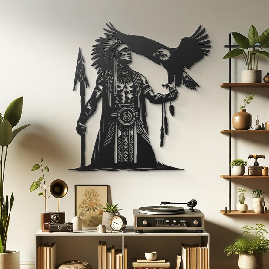 Tribal Spirit Eagle and Warrior Metal Wall Art