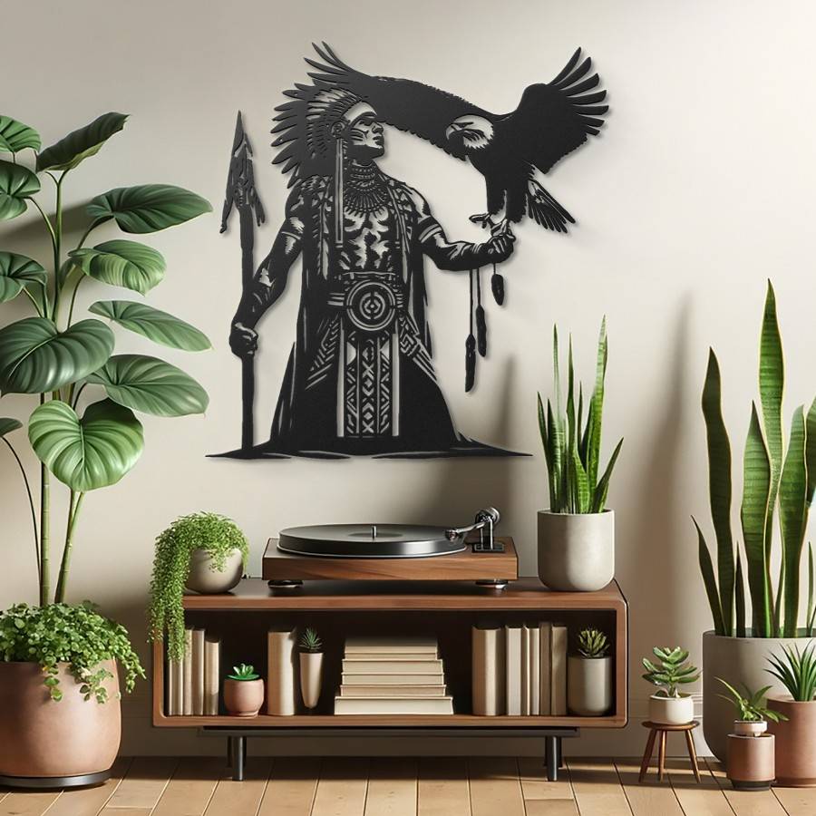 Tribal Spirit Eagle and Warrior Metal Wall Art