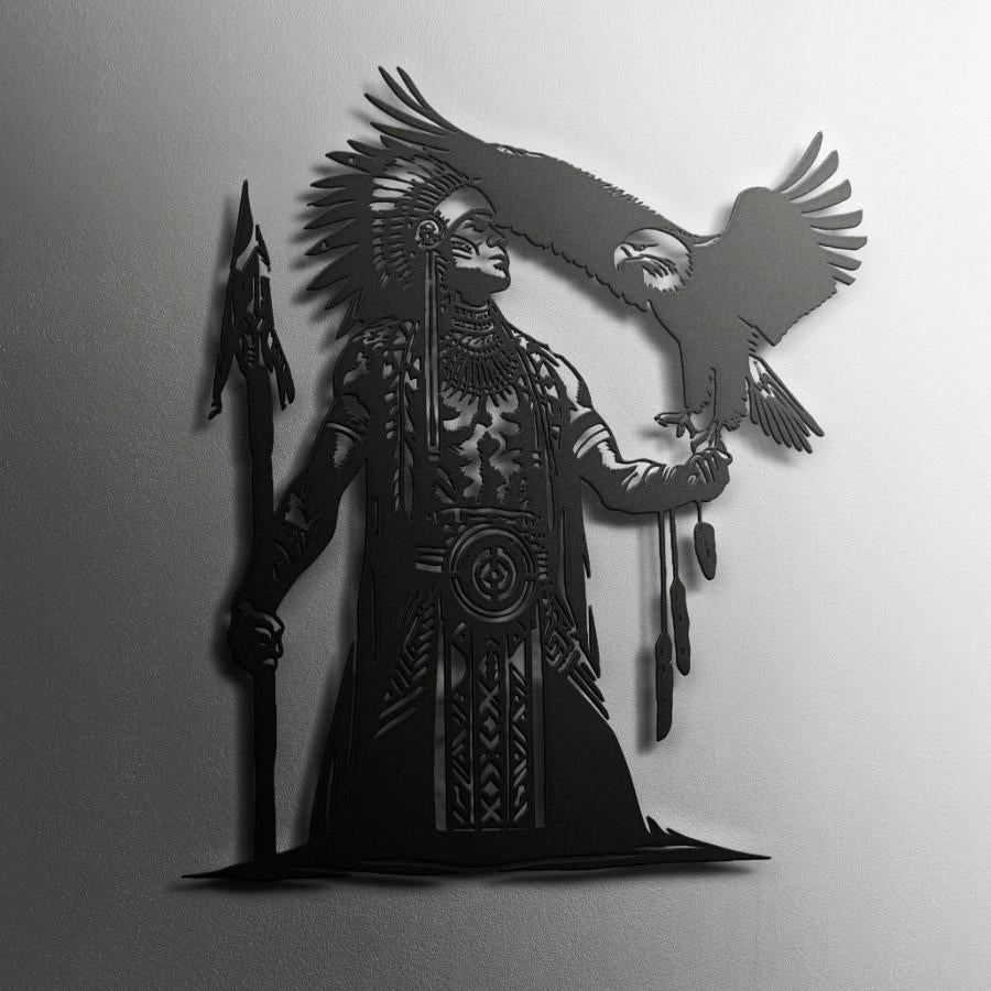 Tribal Spirit Eagle and Warrior Metal Wall Art