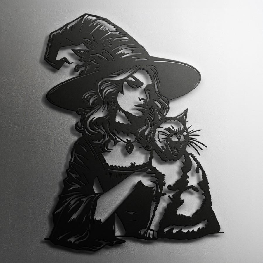 Witch and Feline Companion Metal Wall Art