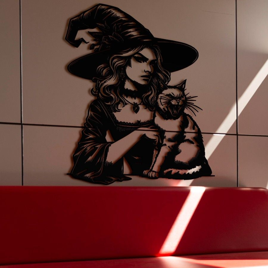 Witch and Feline Companion Metal Wall Art