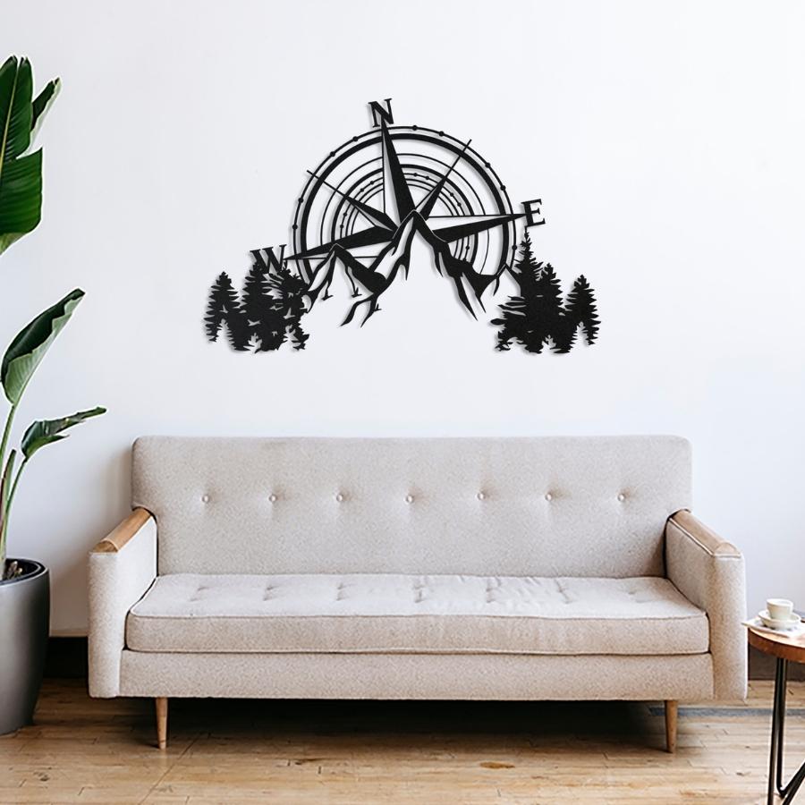 Compass and Mountains Metal Wall Art Decor