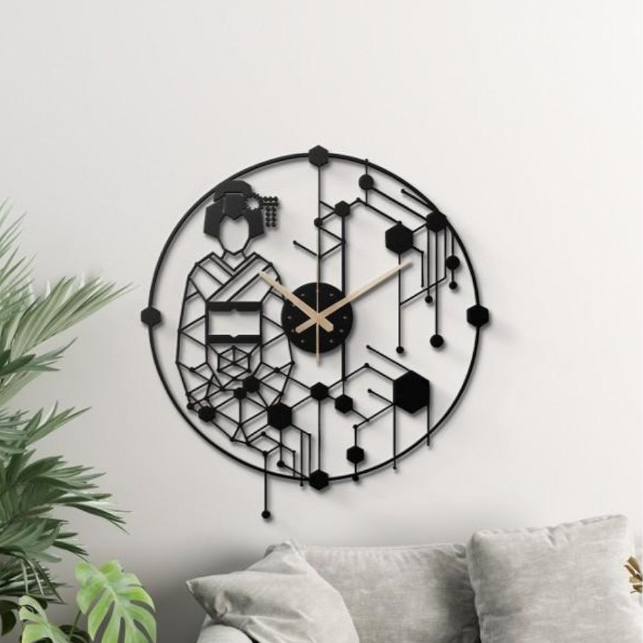 Oriental Japanese Geisha Metal Wall Clock